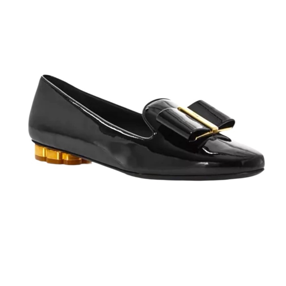 Salvatore Ferragamo Black Patent Vara Bow Loafers with Gold Accent FITS LIKE A 7